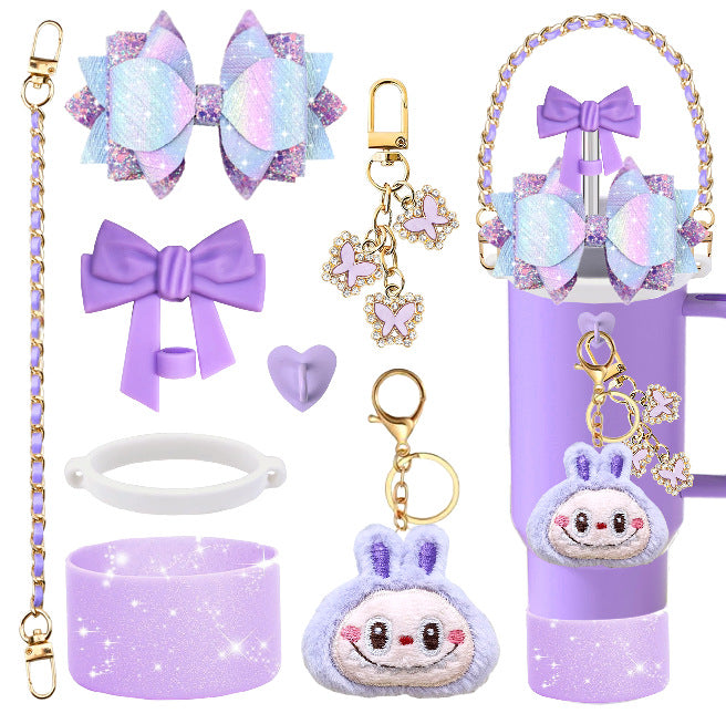 Wholesale mug accessories portable chain bow straw decorative silicone cup set cup chain flower pendant